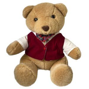 Vtg 80s Arts Toy Stuffed Teddy Bear Plush Animal Furry Red Vest Plaid BowTie 12"